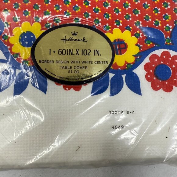 Vintage Hallmark Tulip Floral Table Cover 60X102 Red Blue Border Tablecloth New - Picture 4 of 4